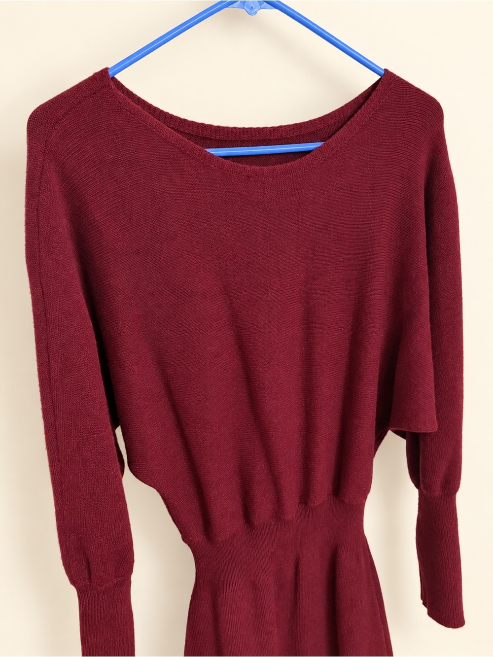 Women's Burgundy Knit Midi Dress with Waist Smocking - Picture 3 of 3